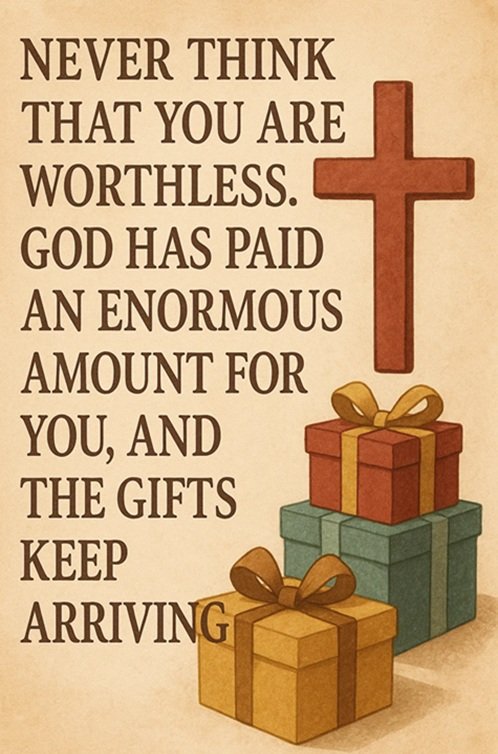 Never think you are worthless. God has paid an enormous amount for you, and the gifts keep arriving.